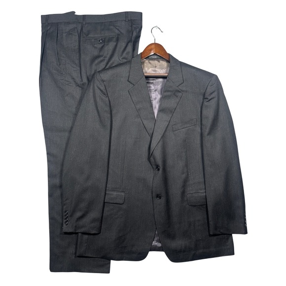 Albert Nipon Suit Mens 48L Charcoal Grey 100% Wool Pleated 2-Button Blazer